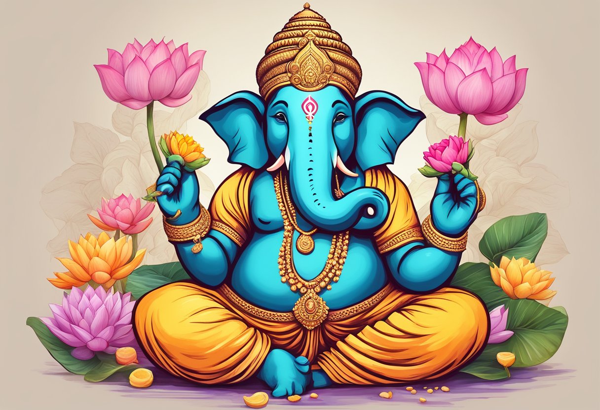 Una vibrante ilustración del dios hindú Ganesh rodeado de flores de loto y sosteniendo su icónica colmillo roto y un dulce.