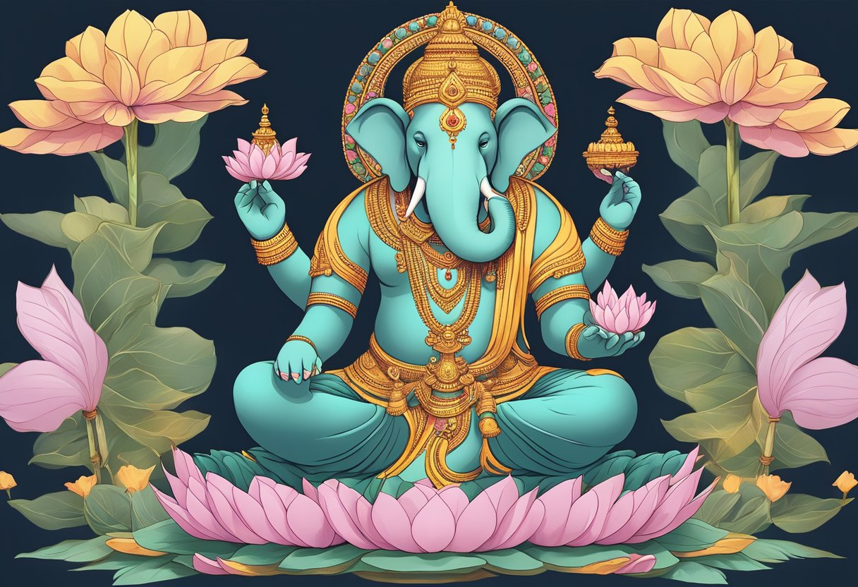 A serene deity with an elephant-headed statue sitting on a lotus, with multiple arms holding symbolic objects, surrounded by a divine aura.