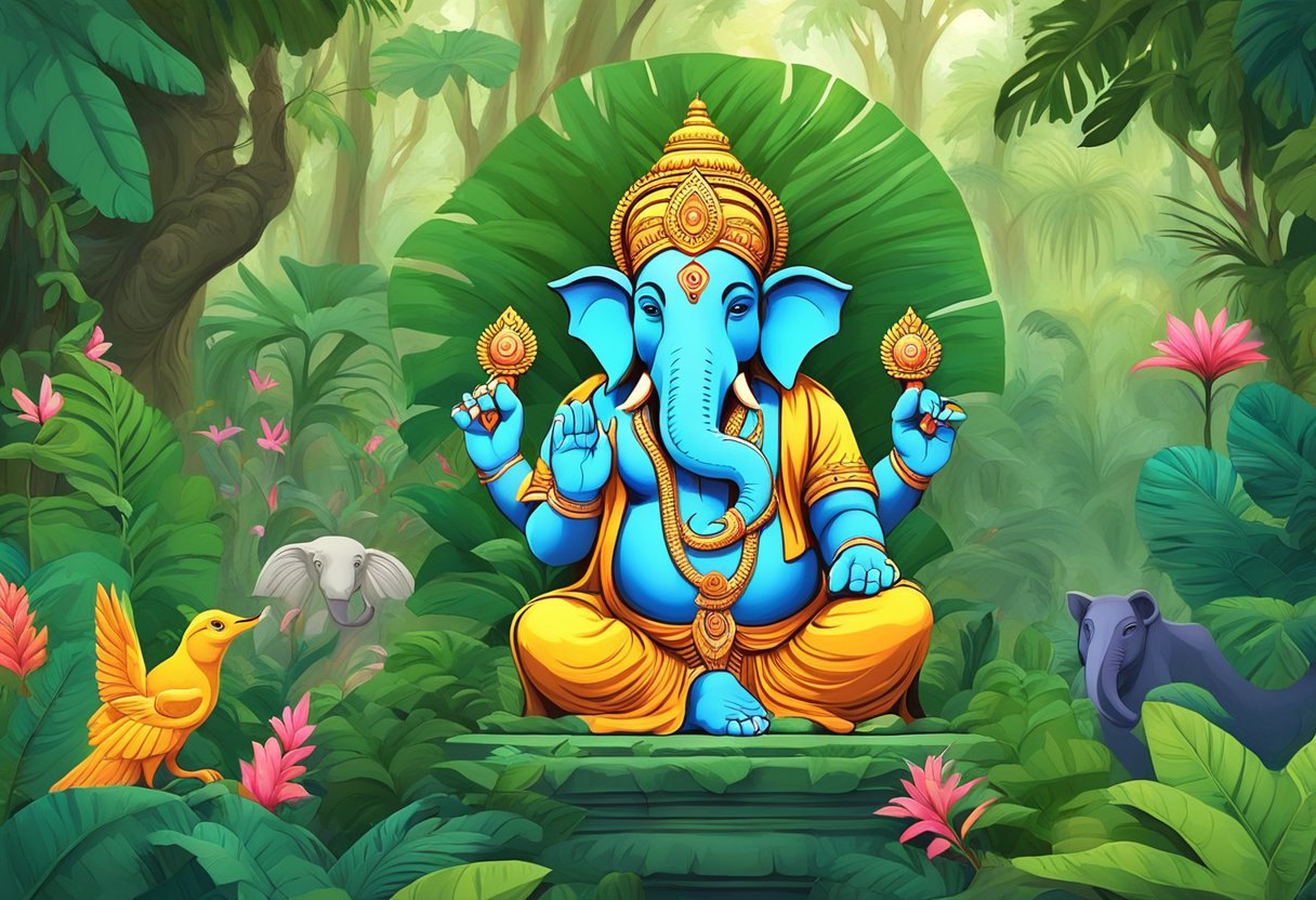 A lush jungle with diverse flora and fauna, featuring a central Ganesh statue surrounded by vibrant wildlife.