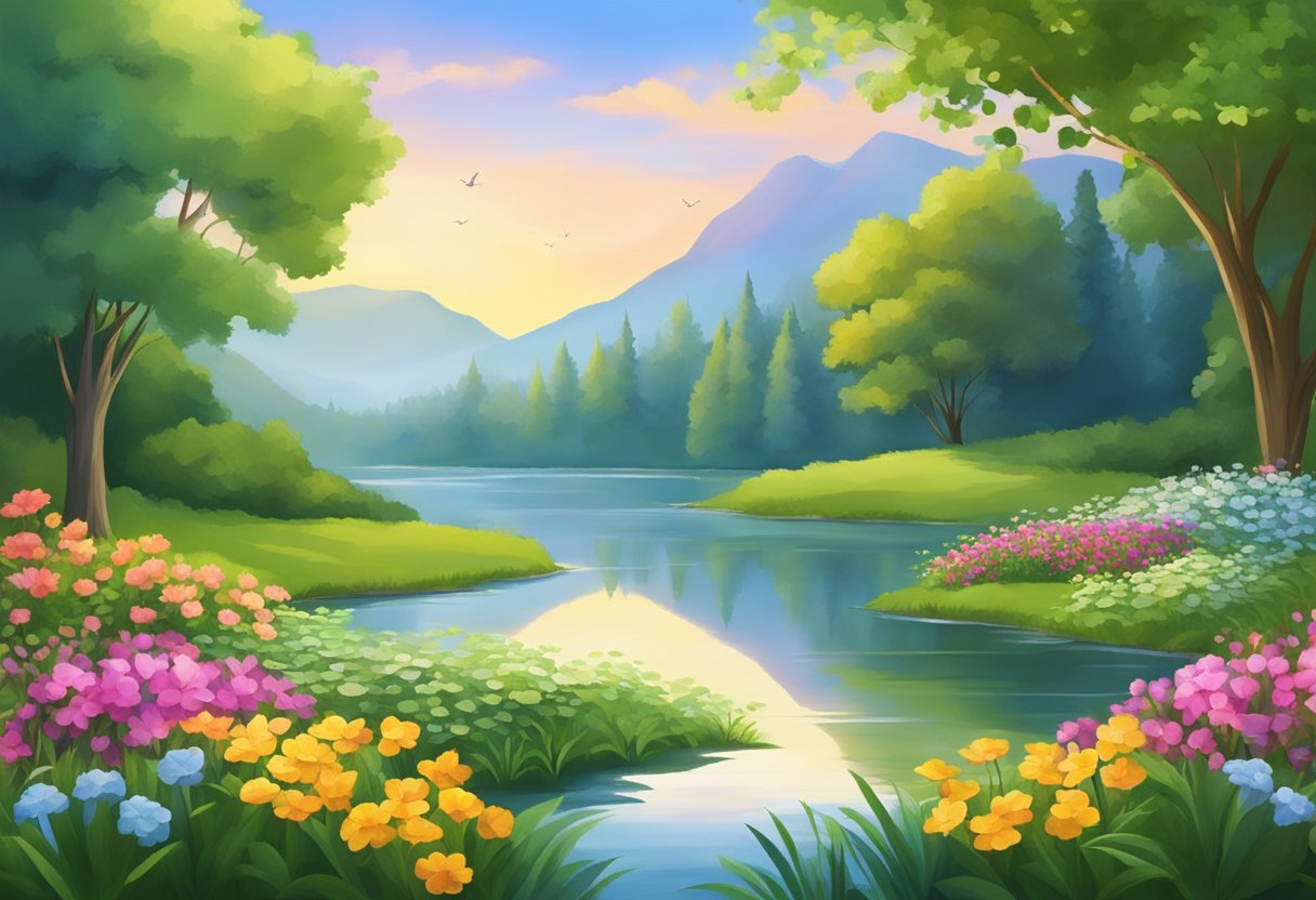 A serene landscape with a tranquil lake surrounded by lush vegetation and colorful flowers. A sense of peace and harmony emanates from the scene.