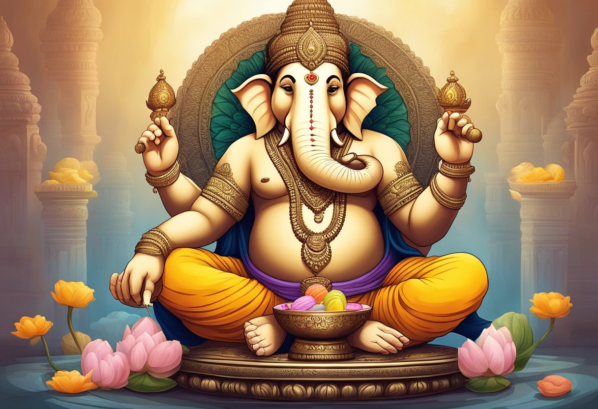 Ganesha sitting on a lotus throne, holding his broken tusk and a bowl of sweets, with a small mouse at his feet.