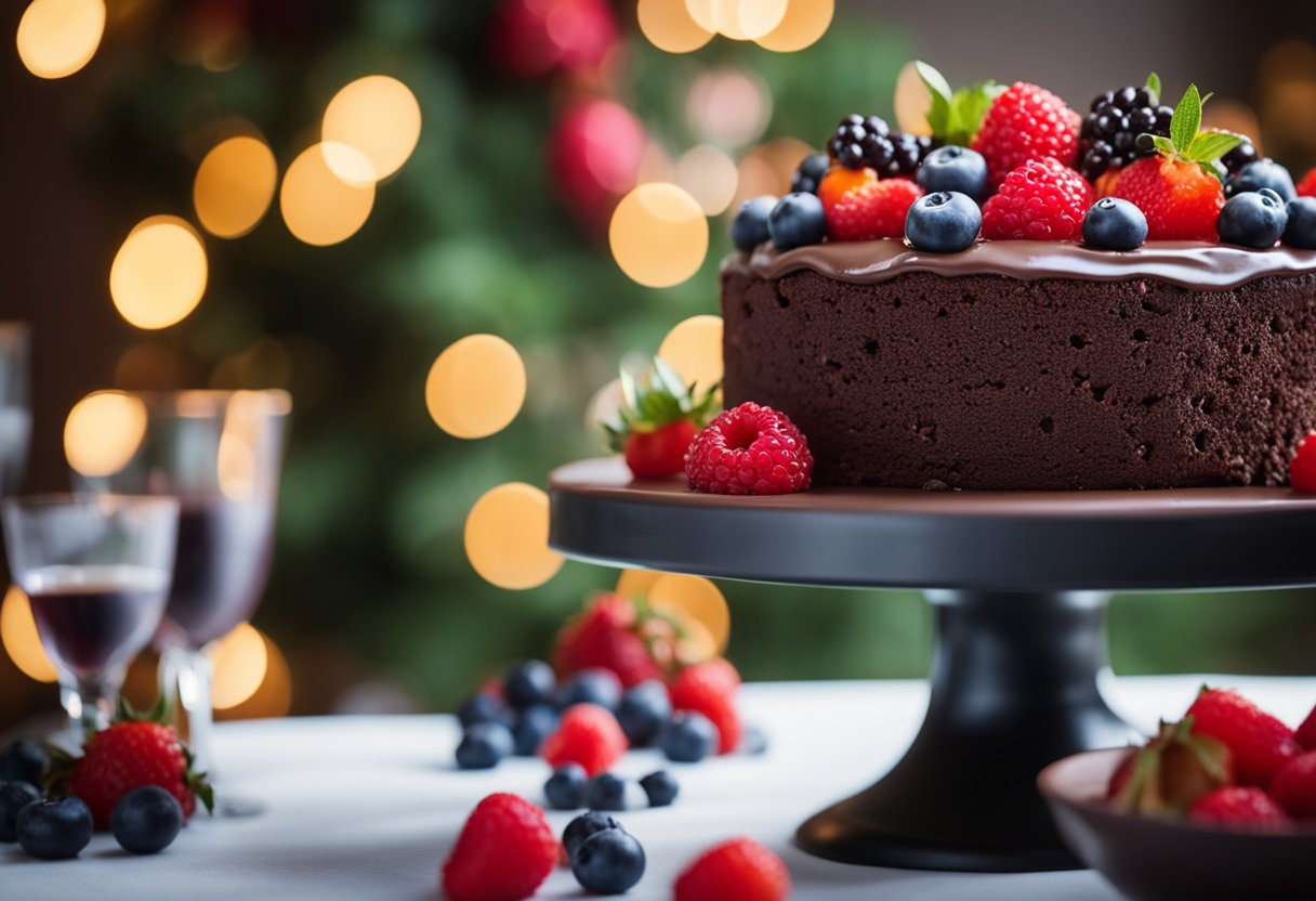 Um bolo de chocolate decadente coberto com uma vibrante variedade de frutas vermelhas e frutas, colocado em um suporte de bolo decorativo para uma ocasião festiva