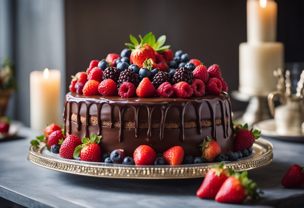 Um bolo de chocolate adornado com uma variedade de frutas vermelhas frescas, como morangos, framboesas e cerejas, está em um suporte de bolo decorativo, pronto para ser servido em uma celebração festiva.