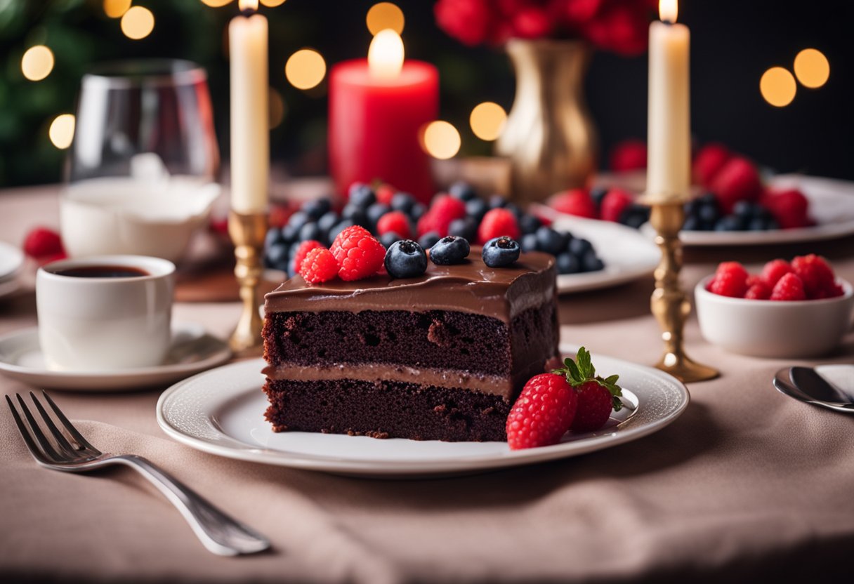 Um bolo de chocolate sendo preparado com frutas vermelhas em uma mesa festiva