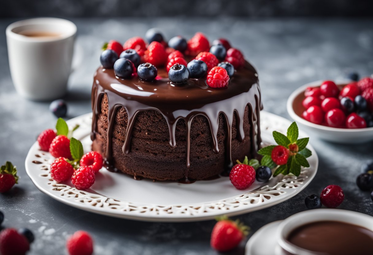 Um bolo de chocolate adornado com vibrantes frutas vermelhas e coberto com um brilho lustroso, pronto para uma celebração festiva.