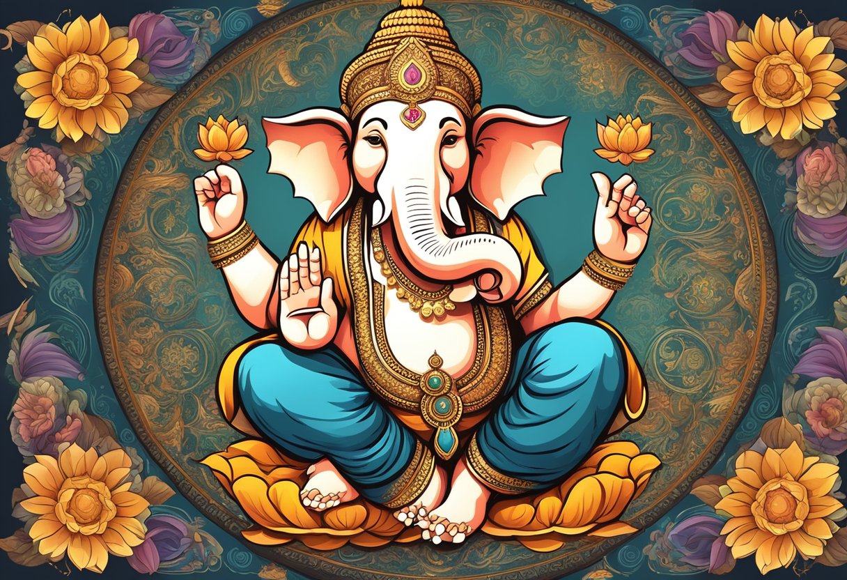 Una representación colorida y ornamentada de Ganesha, la deidad hindú, rodeada de elementos simbólicos como una flor de loto, un ratón y un colmillo roto.