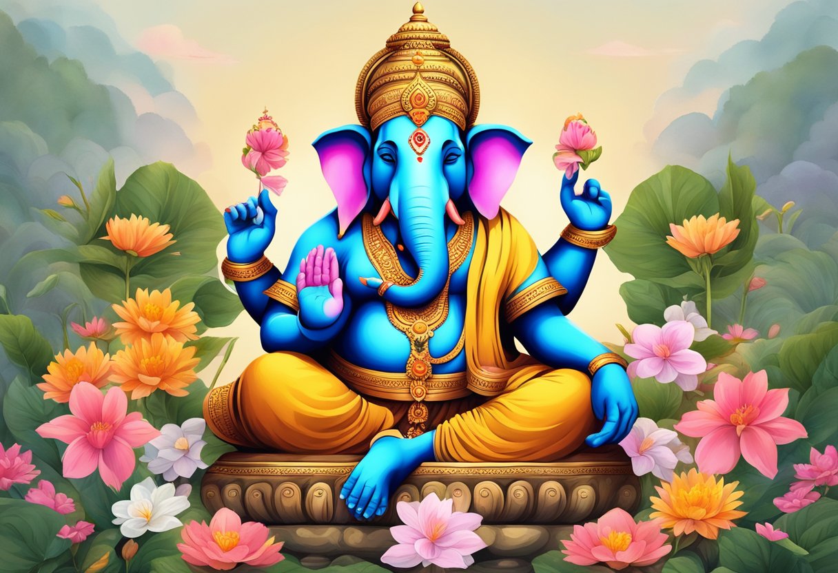 Ganesha meditando rodeado de ofrendas y flores