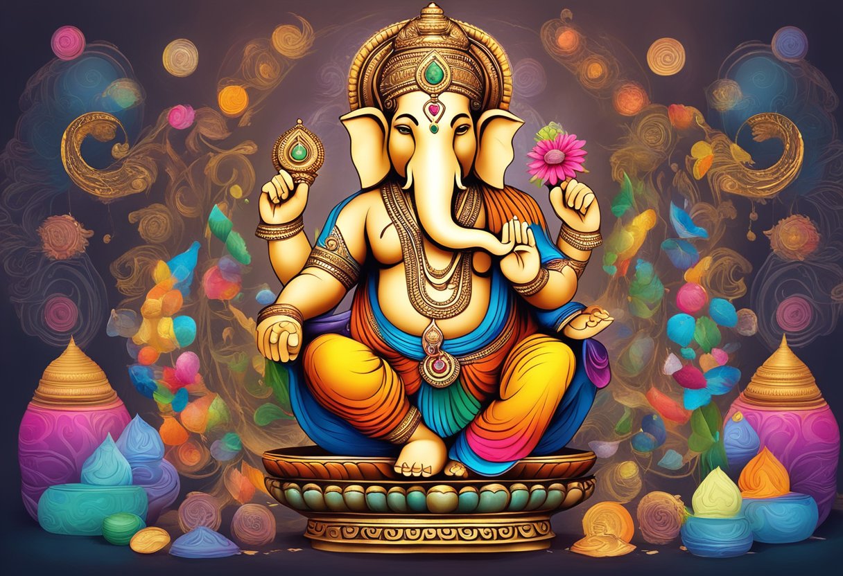 Figura de Ganesha rodeada de ofrendas coloridas y símbolos espirituales