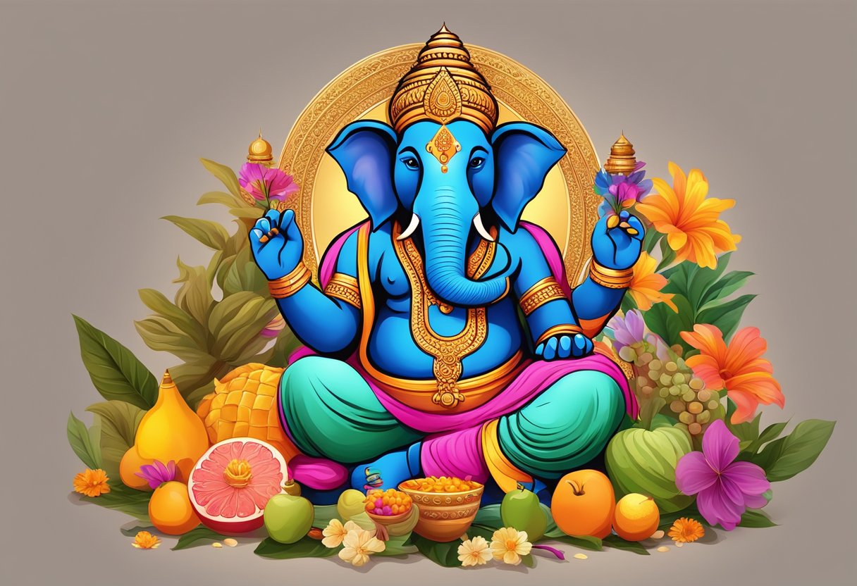 Un altar colorido con flores, frutas e incienso dedicado a Ganesha