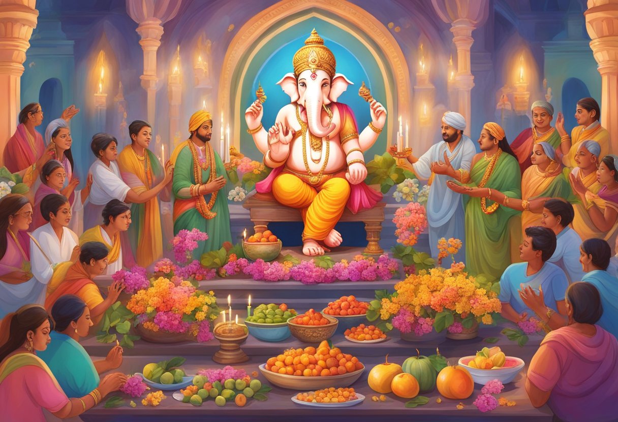 Un altar colorido adornado con flores, frutas y velas, dedicado a Ganesha, rodeado de personas alegres celebrando y haciendo ofrendas.