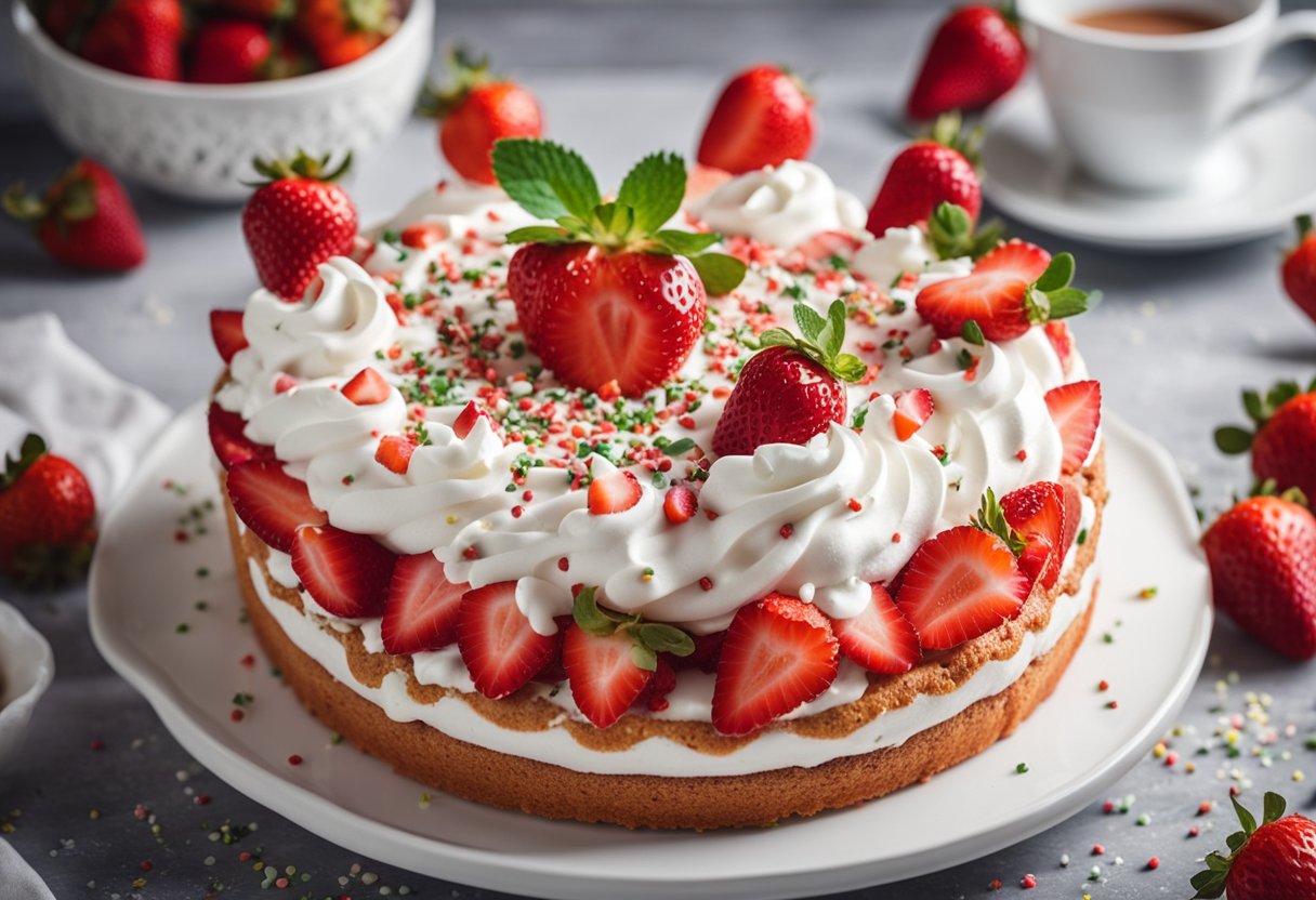 Um bolo de morango com chantilly por cima, cercado por confeitos decorativos e morangos frescos