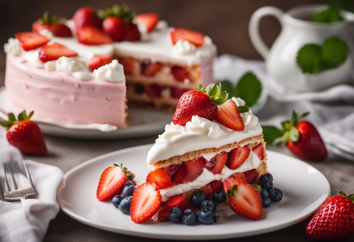 Um bolo de morango com chantilly, adornado com morangos frescos