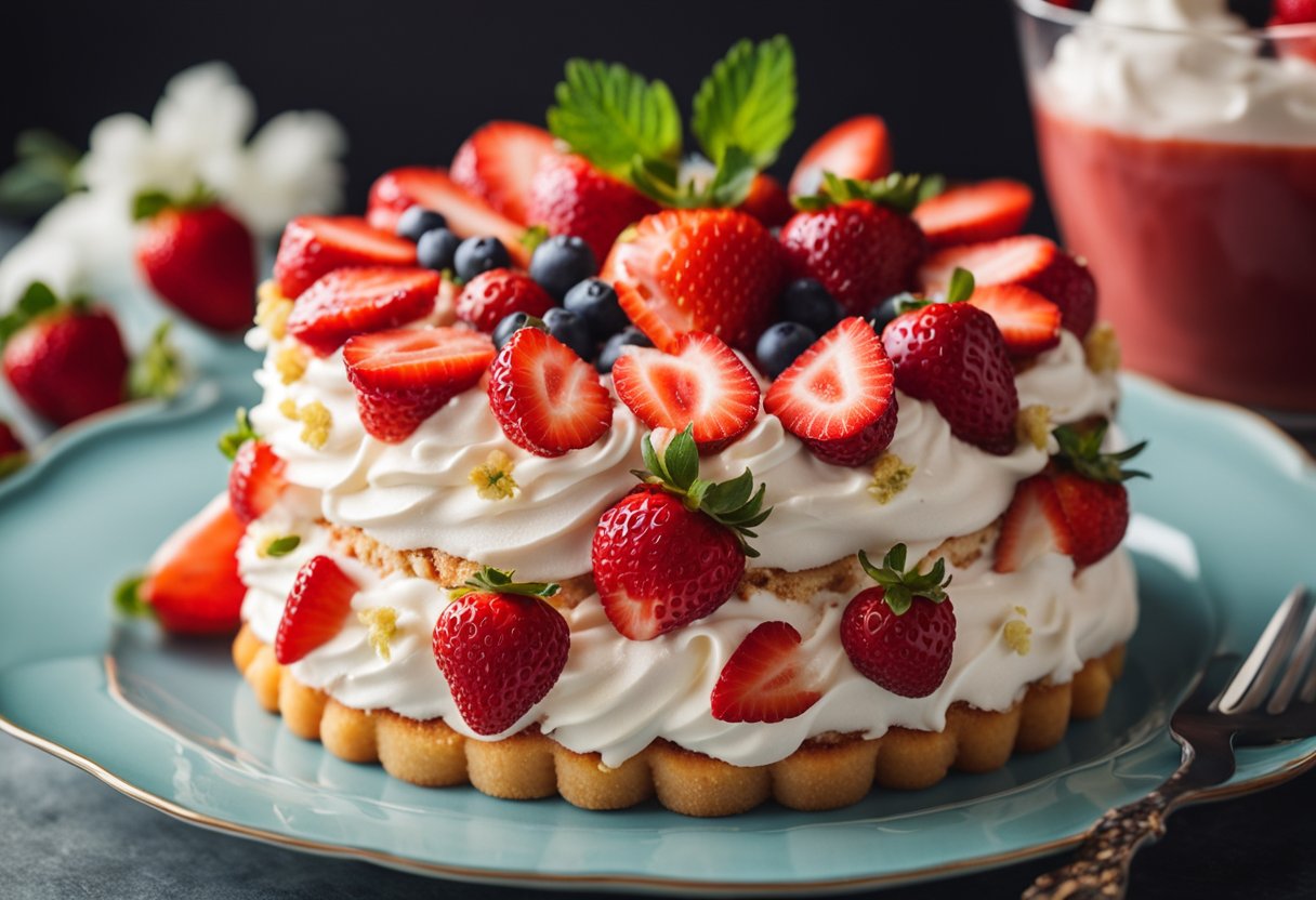 Um bolo de morango sendo preparado, com camadas de bolo esponjoso, recheio de morango e chantilly, pronto para uma celebração.