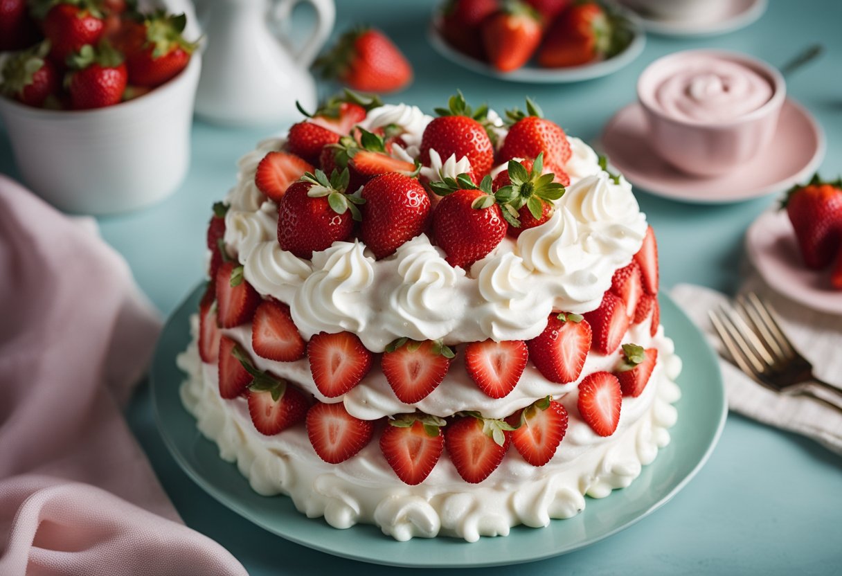 Um bolo de morango sendo decorado com chantilly e morangos frescos para uma celebração