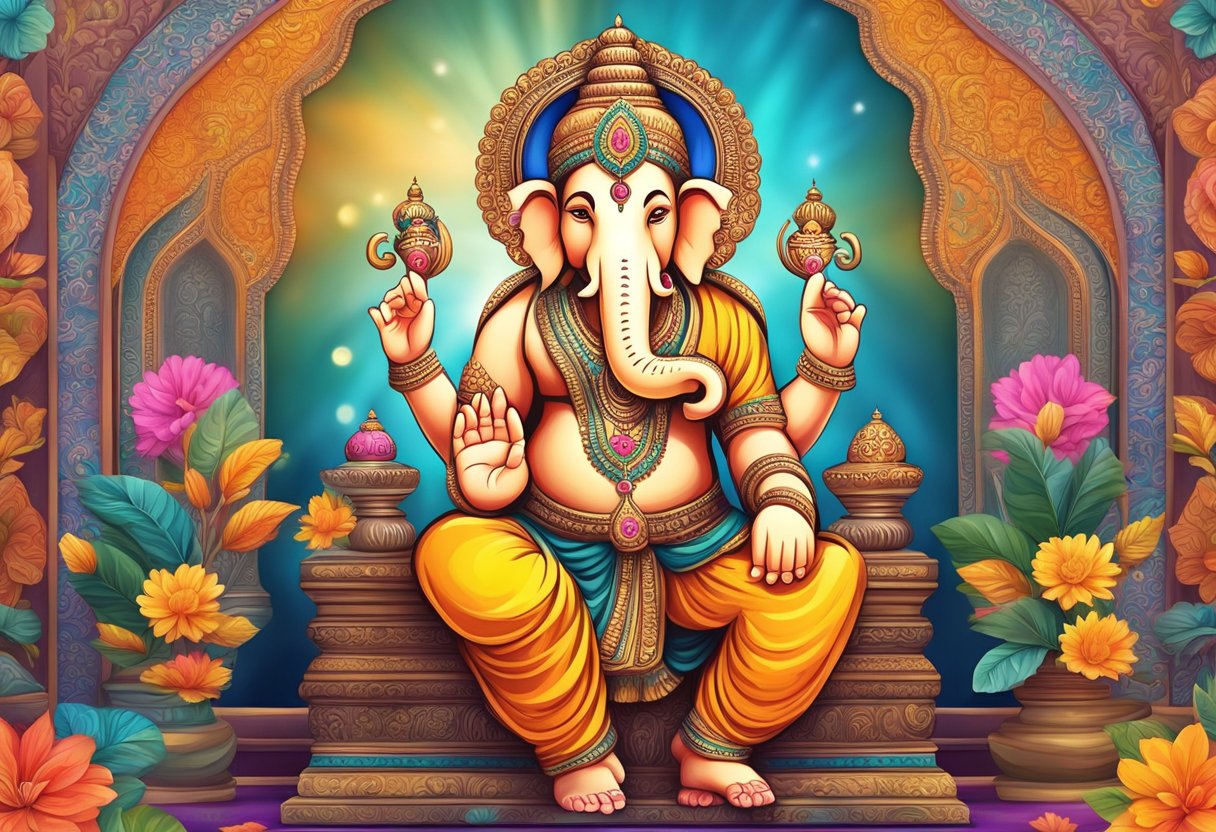 Figuritas y obras de arte de Ganesha adornan una habitación colorida y vibrante, con patrones florales y diseños intrincados inspirados en la cultura india.