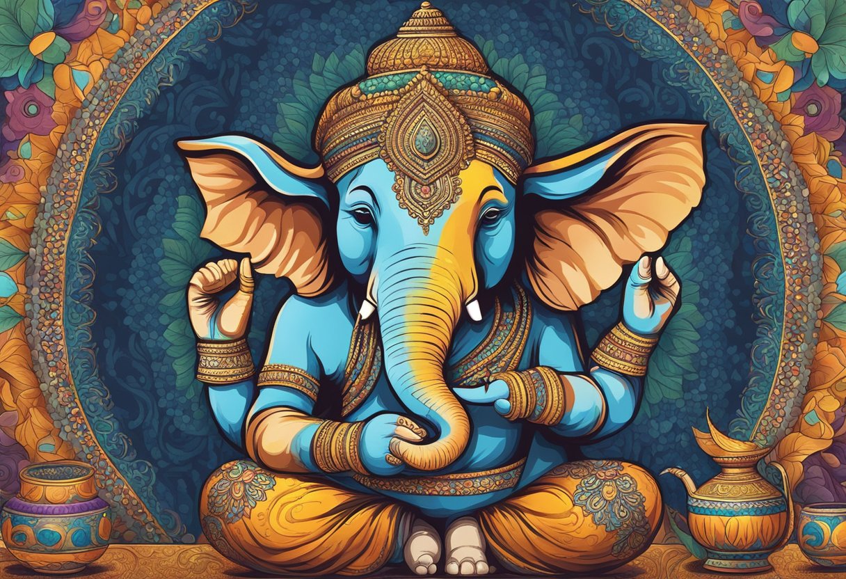 Ganesha, la deidad con cabeza de elefante, bebiendo de una taza india tradicional, rodeado de colores vibrantes y patrones intrincados