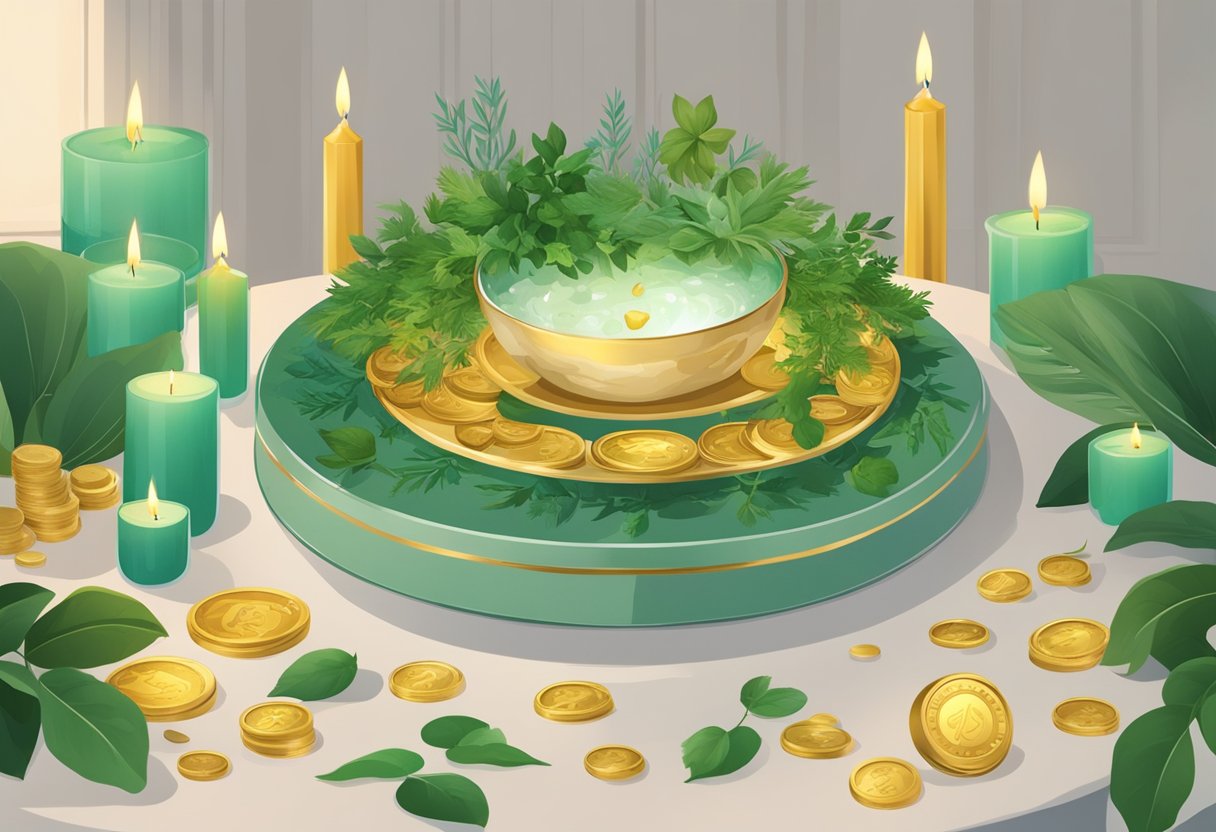 Una mesa cubierta de hierbas verdes, velas y monedas de oro dispuestas en un patrón circular. Un cuenco de cristal lleno de agua se encuentra en el centro.