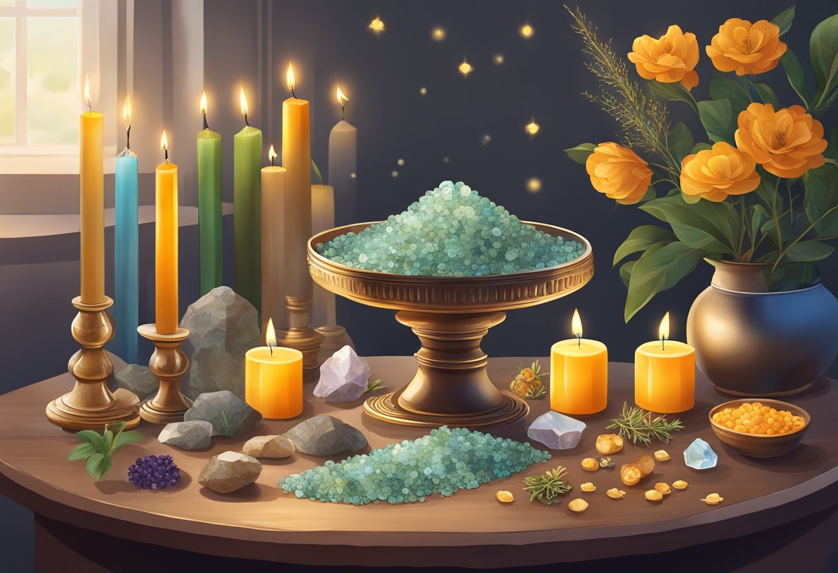 Un pequeño altar con velas, cristales y un cuenco de hierbas colocado sobre una mesa, rodeado de símbolos de prosperidad y abundancia