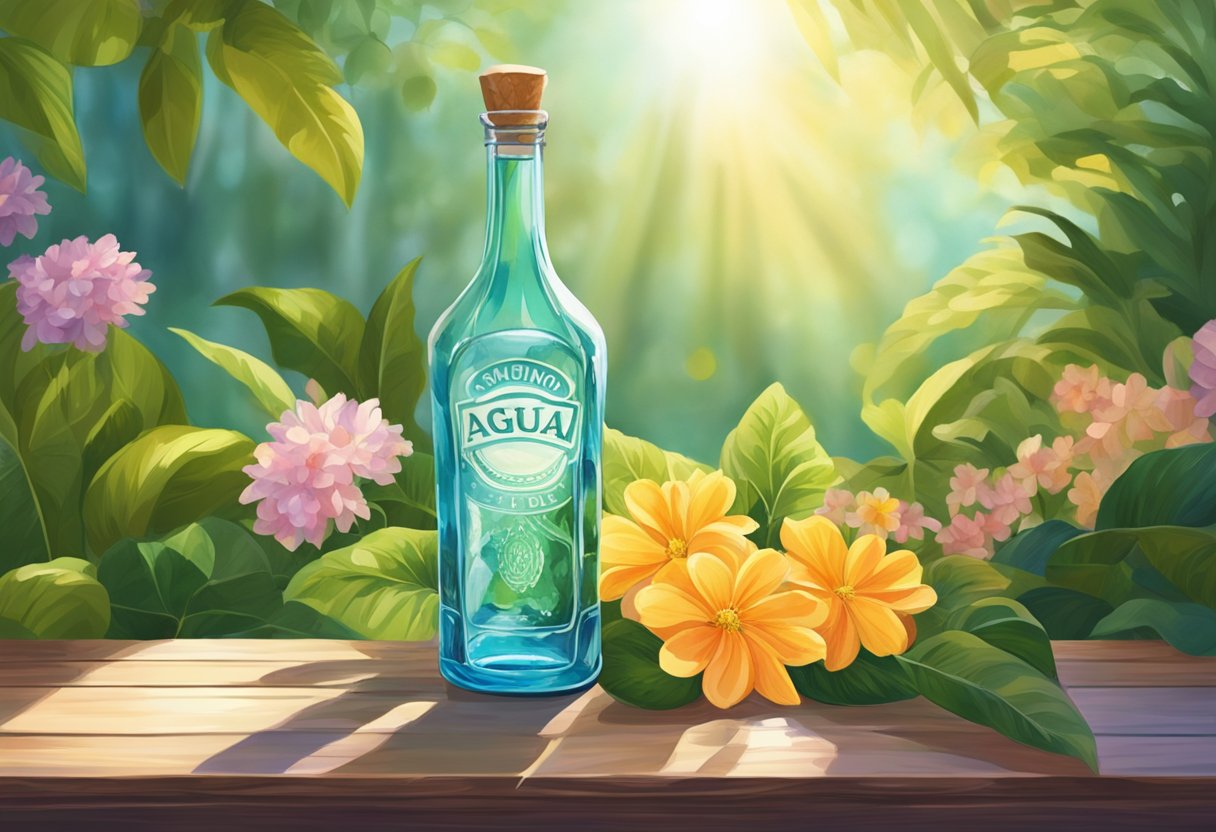 Una botella de vidrio vintage de Agua Florida se encuentra sobre una mesa de madera, rodeada de exuberante vegetación y coloridas flores. La luz del sol se filtra a través de las hojas, proyectando sombras moteadas sobre la botella.