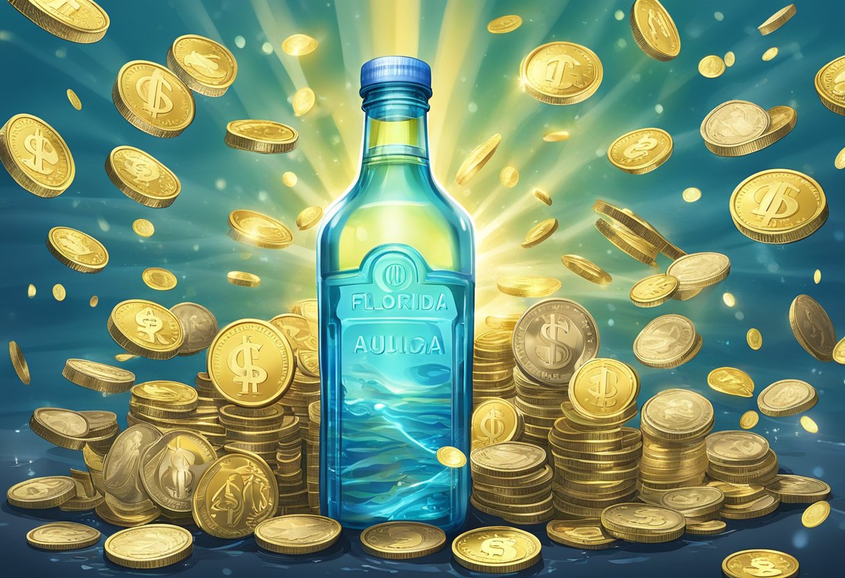 Una botella de Agua Florida rodeada de monedas brillantes y billetes de dólar, con un rayo de luz iluminándola.