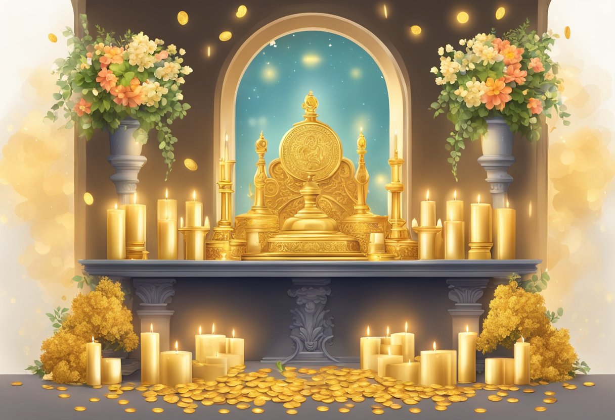 Un altar dorado adornado con velas y flores ornamentadas, rodeado de monedas brillantes y desbordante de abundancia