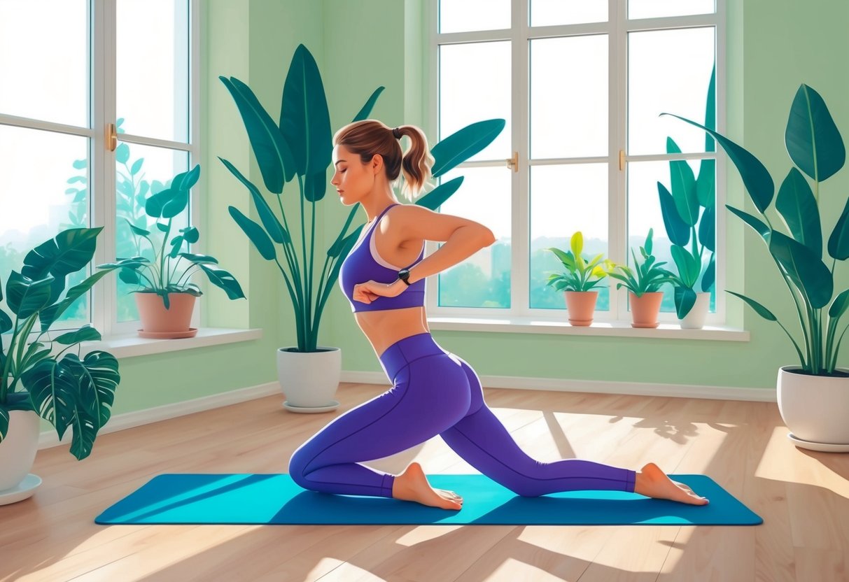 A woman in workout attire doing yoga in a serene, sunlit room with large windows and plants