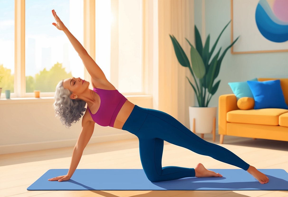 A woman in perimenopause performs a low-impact yoga routine in a sunlit room with calming music playing in the background