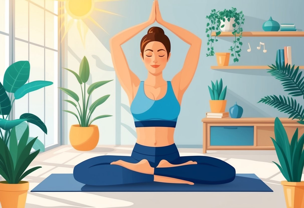 A woman in perimenopause does yoga in a serene, sunlit room with soft music playing in the background. She is surrounded by plants and natural light, creating a peaceful and calming atmosphere