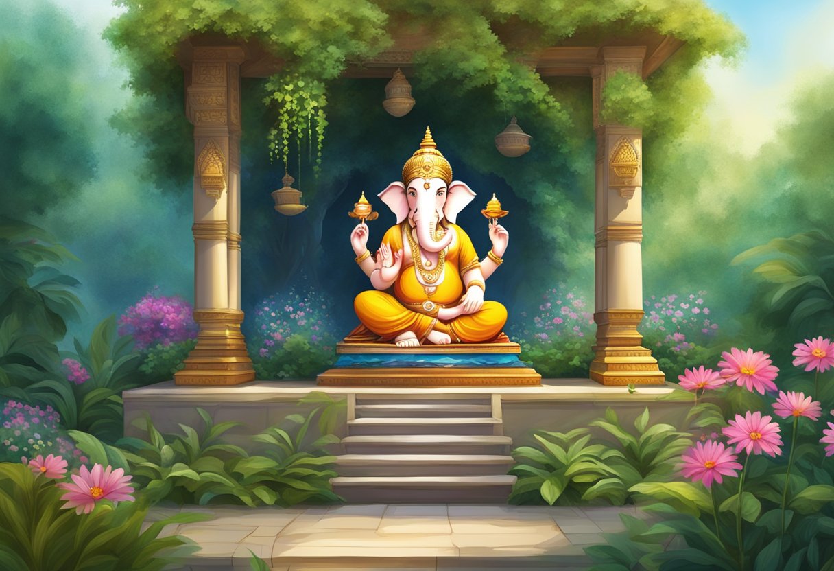 Un jardín sereno con un pequeño santuario a Ganesha, rodeado de flores coloridas y exuberante vegetación, con una sensación de paz y tranquilidad en el aire.