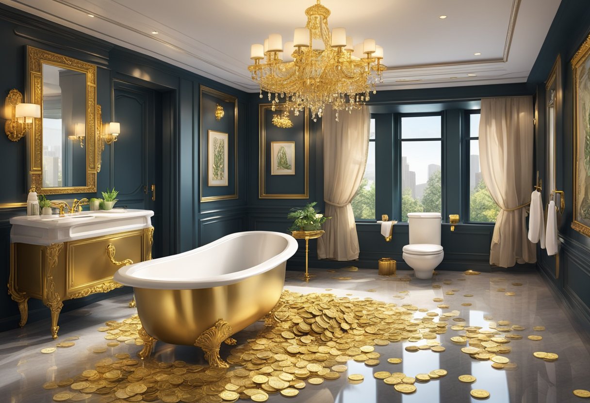 Un baño lujoso con accesorios de oro y desbordante de dinero y monedas, con una atmósfera acogedora para atraer a los clientes.