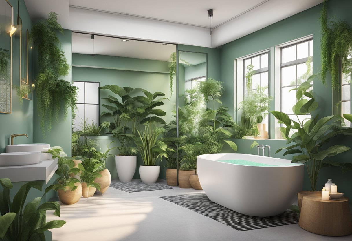 Un baño con una decoración limpia y acogedora, que incluye plantas verdes, plantas de dinero y una paleta de colores que atrae la riqueza.