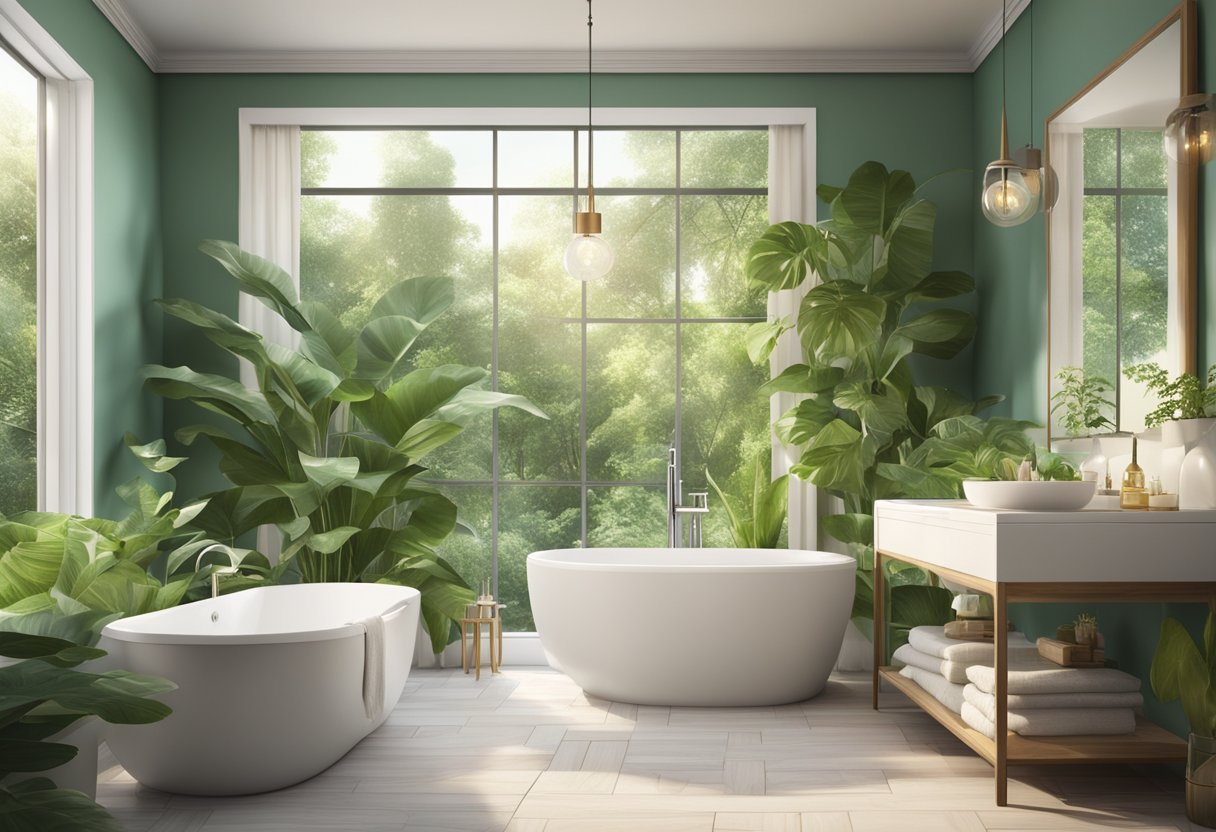 Un baño sereno con abundante luz natural, plantas verdes exuberantes y una paleta de colores relajante, con elementos de riqueza y prosperidad sutilmente incorporados en la decoración.