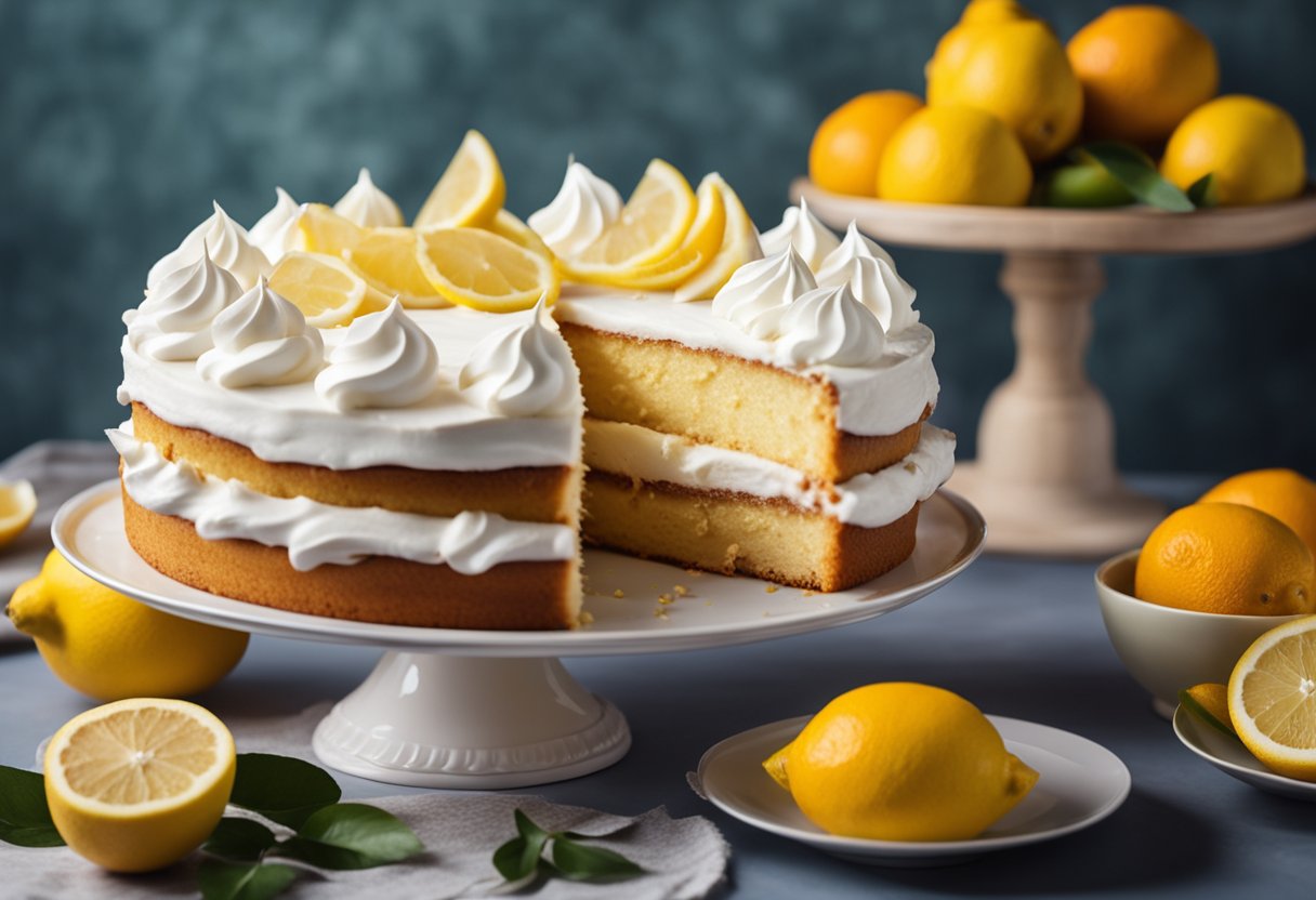 Um bolo de limão com cobertura de merengue fofo está em um suporte de bolo decorativo, cercado por decorações festivas e frutas cítricas brilhantes.