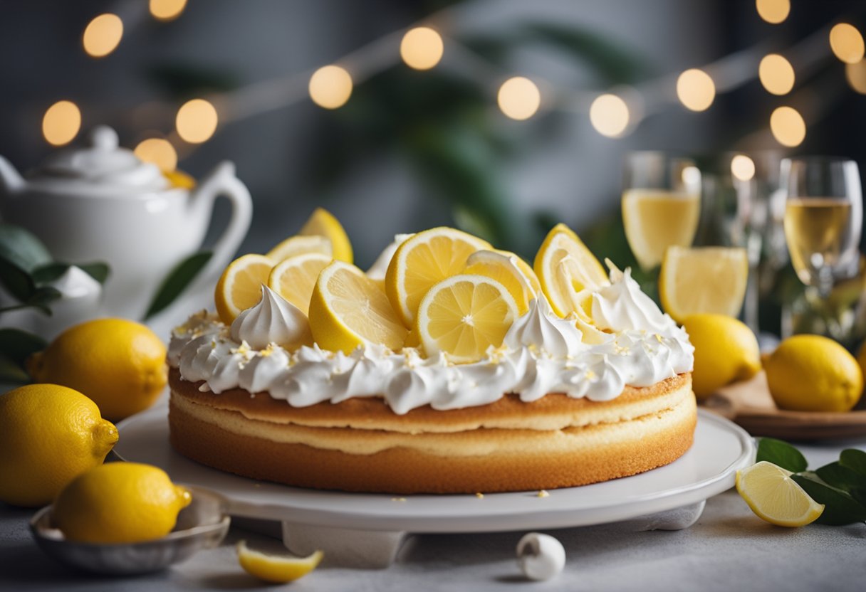 Um bolo de limão sendo decorado com merengue fofinho, cercado por limões frescos e uma atmosfera festiva de festa