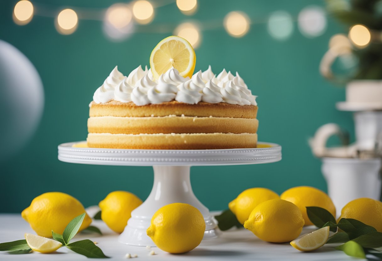 Um bolo de limão com cobertura de merengue fofinho está em um suporte de bolo decorativo, cercado por limões frescos e um fundo festivo de festa.