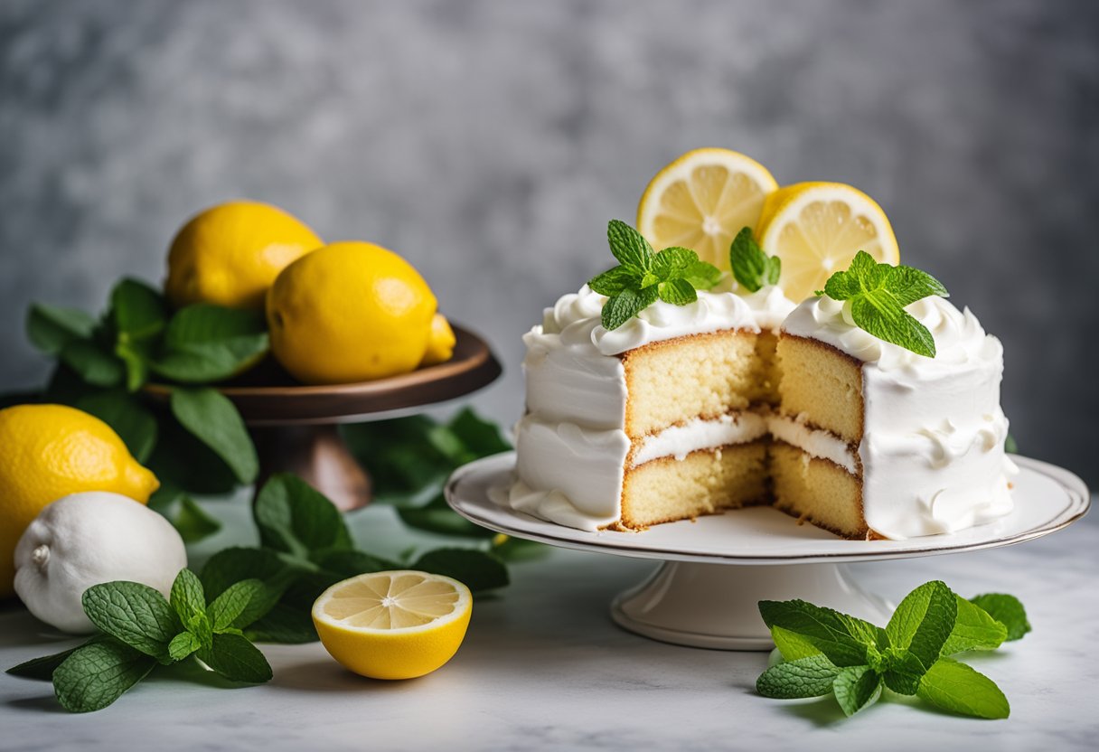 Um bolo de limão com cobertura de merengue fofinho está em um suporte de bolo decorativo, cercado por fatias de limão frescas e raminhos de hortelã.