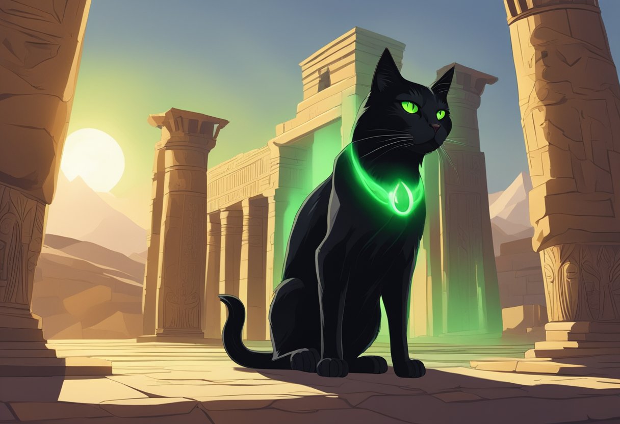 Un amenazante gato negro con ojos verdes brillantes se encuentra frente a un antiguo templo egipcio en ruinas, proyectando una sombra siniestra.