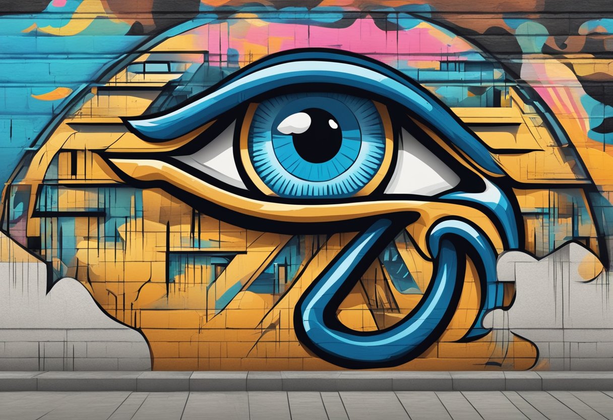 Un entorno urbano moderno con el Ojo de Horus representado como un símbolo amenazante en una pared cubierta de graffiti.