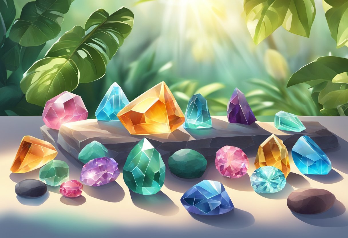 Una colección de piedras y cristales coloridos dispuestos sobre una mesa, rodeados de plantas verdes y brillando bajo la luz del sol