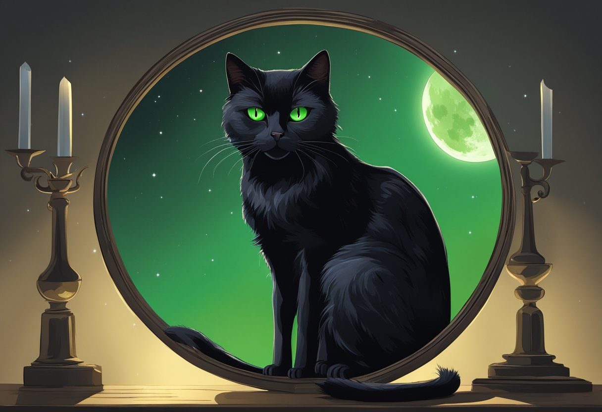 Un gato negro con ojos verdes penetrantes mira ominosamente a un espejo roto que refleja una luna llena