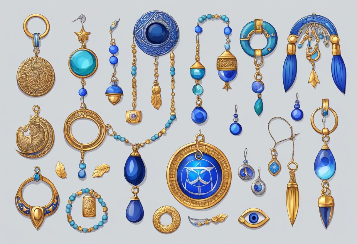 Una colección de amuletos y charms para ahuyentar el mal de ojo, incluyendo herraduras, cuentas azules y símbolos protectores.