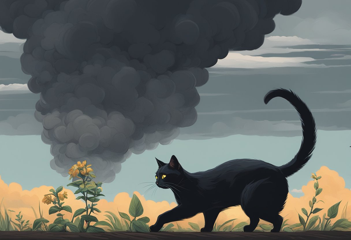 Una nube oscura se cierne sobre una planta marchita, mientras un gato negro observa intensamente la escena.