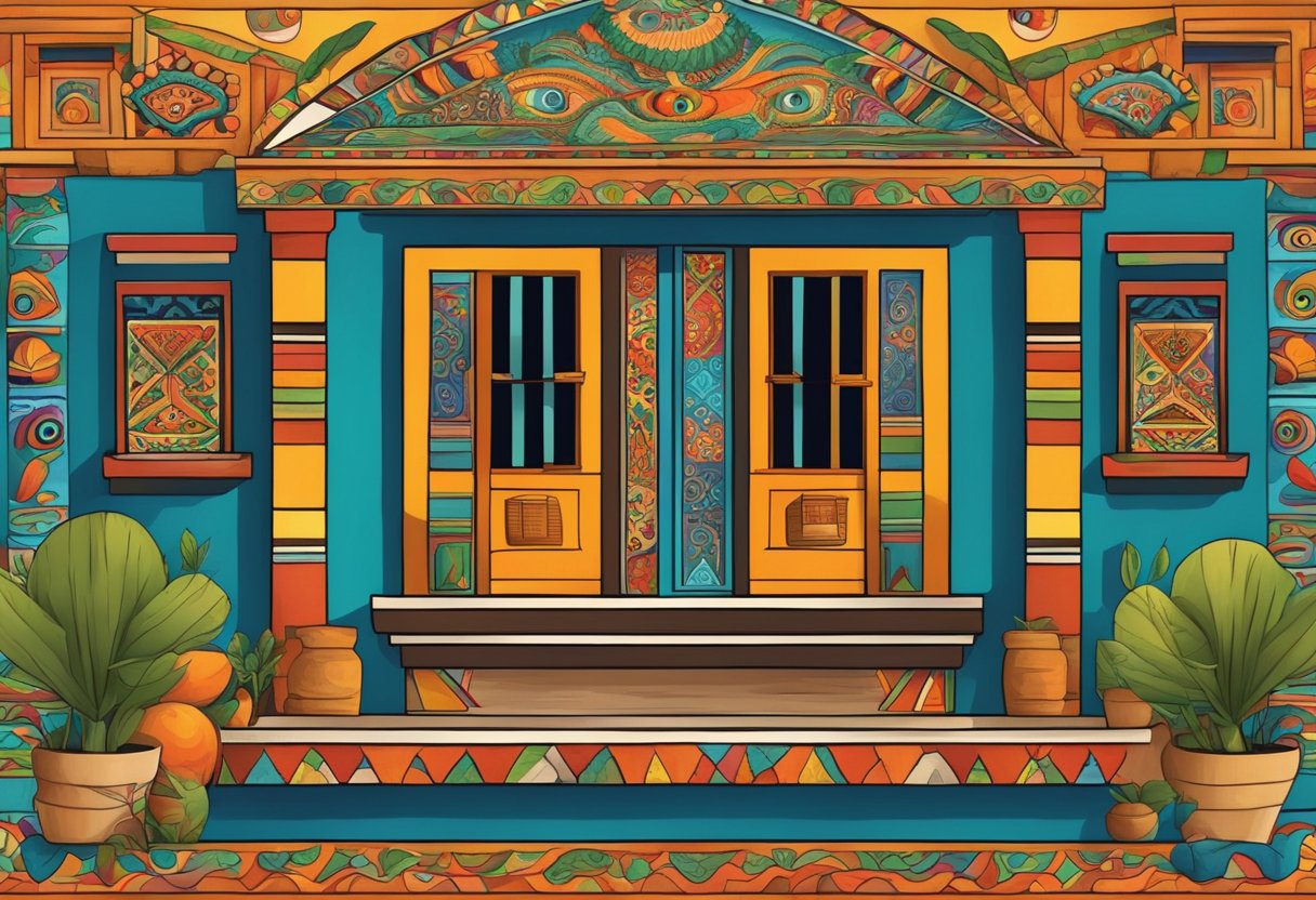 Una casa mexicana tradicional con colores vibrantes y patrones intrincados, rodeada de símbolos protectores como el nazar y el ajo para ahuyentar el mal de ojo.