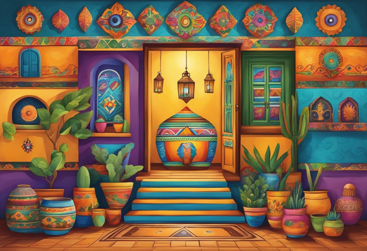 Una casa mexicana tradicional con colores vibrantes y patrones intrincados, rodeada de varios amuletos y símbolos protectores contra el mal de ojo.