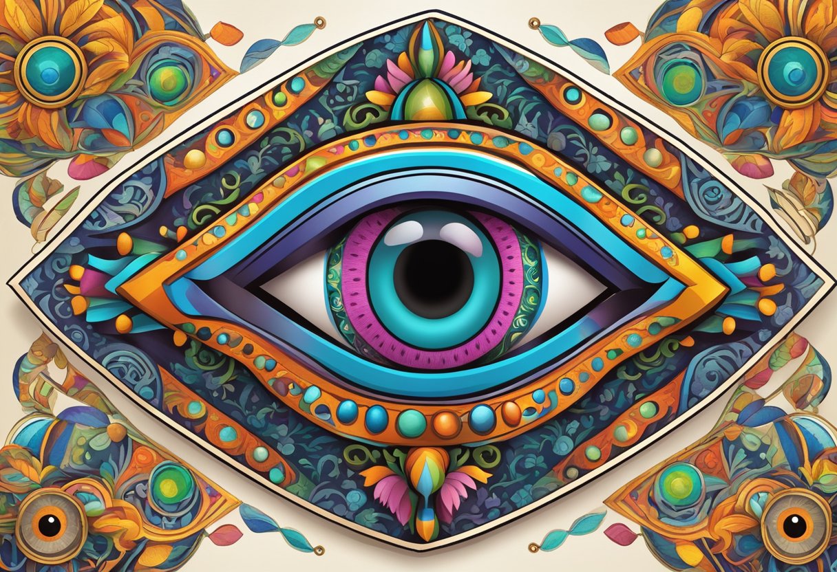 Un amuleto tradicional mexicano en forma de ojo rodeado de colores vibrantes y patrones intrincados, que representa la historia del 'mal de ojo.'