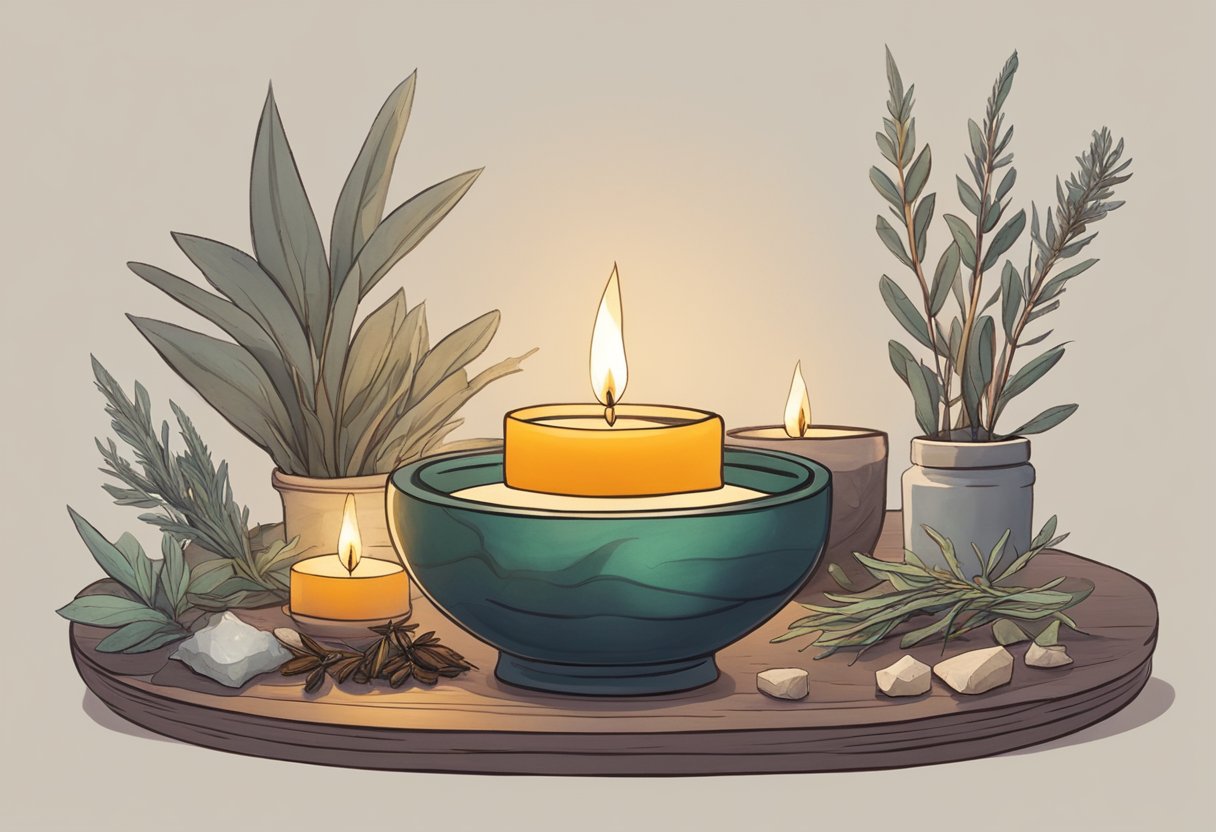 Una pequeña mesa adornada con salvia encendida, un cristal y un cuenco de sal se encuentra en una habitación débilmente iluminada, rodeada de velas parpadeantes y hierbas secas.