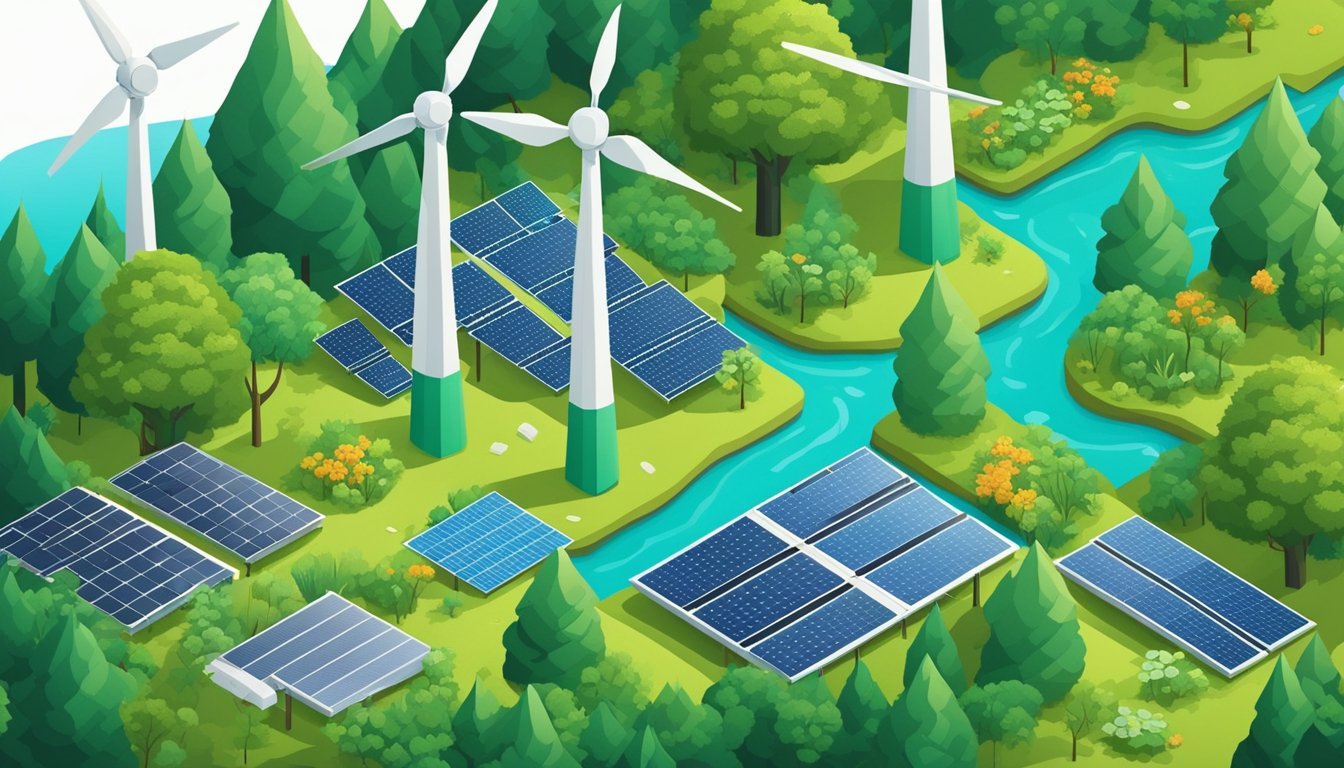 A lush forest with diverse wildlife, wind turbines, and solar panels coexisting harmoniously with clean air and water