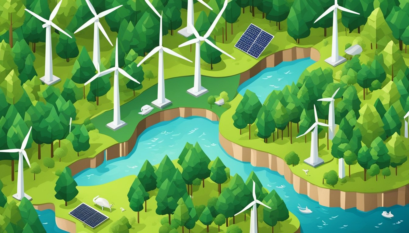 A lush green forest with solar panels and wind turbines scattered throughout, a river flowing with clean water, and wildlife thriving in their natural habitat