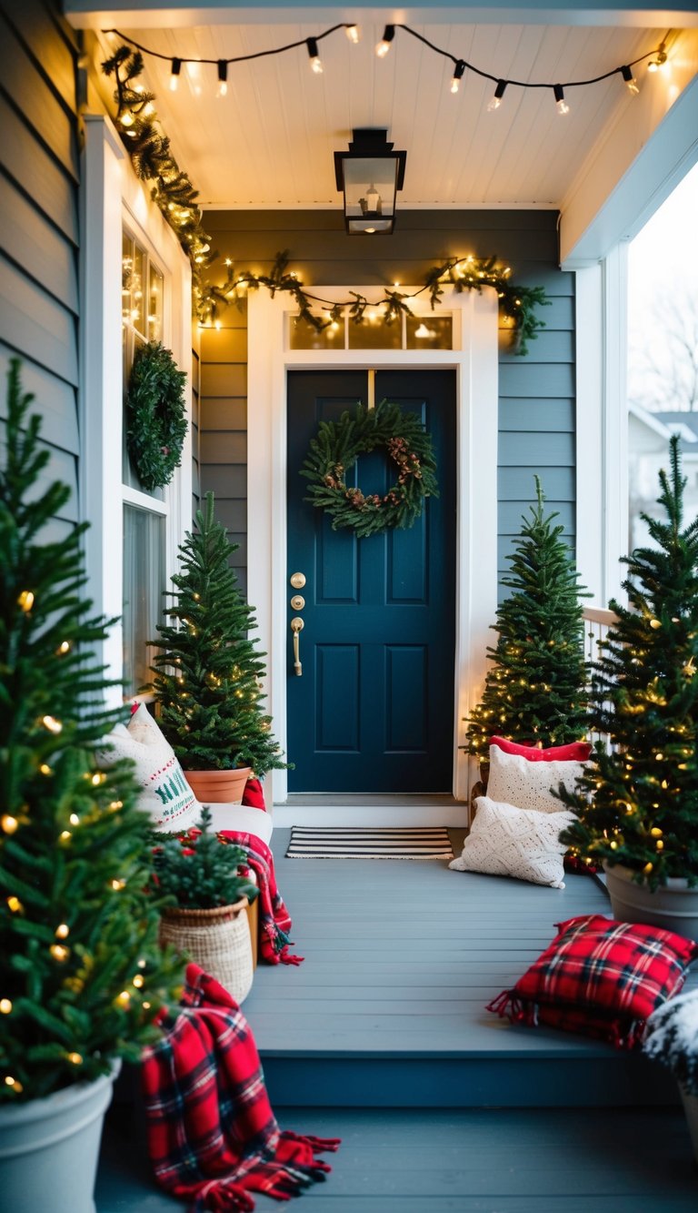 A small porch adorned with twinkling lights, a wreath on the door, potted evergreen trees, and a cozy seating area with festive throw blankets and pillows