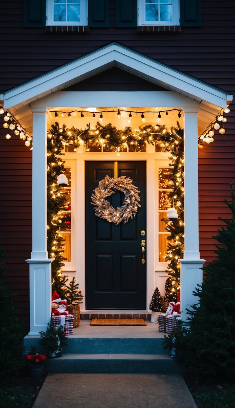 A small porch adorned with twinkling fairy lights and cozy Christmas decorations